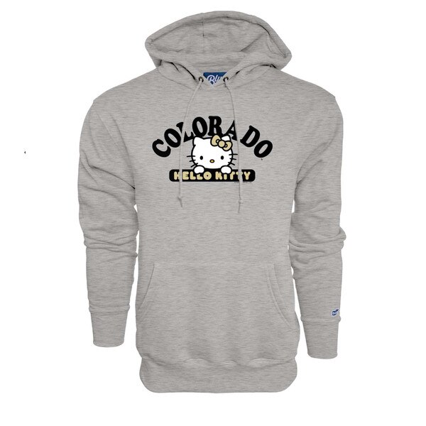 CU Boulder gray hooded sweatshirt with Hello Kitty graphic and Colorado text